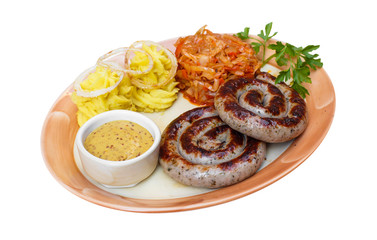 Bavarian sausages on plate, isolated on white, food menu 