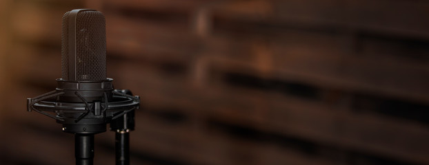 Professional microphone on dark brown wooden background. Music, voice or podcast recording large...
