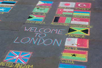welcome to london drawing on the road in piccadilly circus
