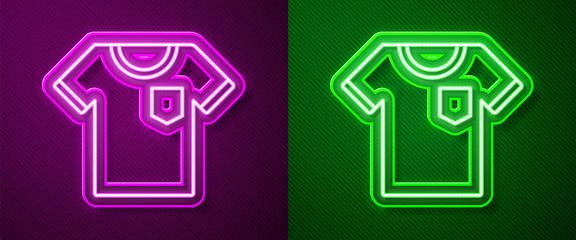 Glowing neon line T-shirt icon isolated on purple and green background. Vector Illustration