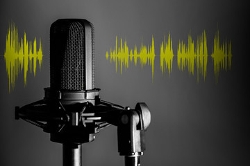 Professional microphone with voice waveform on dark background, sound recording