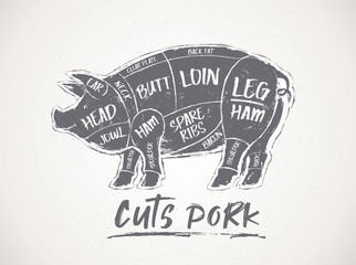 Graphic silhouette of a pig with the line of cutting for the butcher.