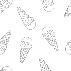 Seamless pattern with ice cream in a waffle cone. Vector illustration for printing on packaging, packaging paper, fabric, banner, poster. Cute children's background.