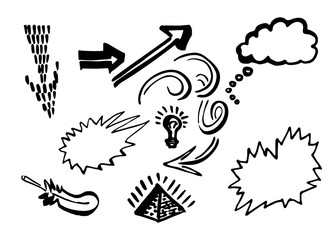 Doodles set contains arrows, speech bubbles, feather, etc