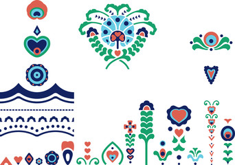 Ethnic symbols and borders collection with flowers and hearts