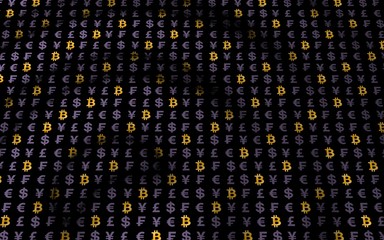 Fototapeta premium Bitcoin and currency on a dark background. Digital crypto currency symbol. Wave effect, currency market fluctuations. Business concept. 3D illustration