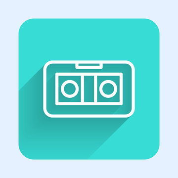 recommend clip art: White line VHS video cassette tape icon isolated with long shadow. Green square button. Vector Illustration