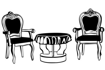 black and white vector sketch two vintage chairs with armrests and a round table