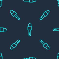 Green line Locked key icon isolated seamless pattern on blue background. Vector Illustration