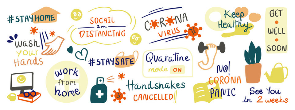 CoronaVirus Covid-19 letterings doodle banner and sticker design banner. social distancing, Stay home, Thank you doctor, Keep healthy vector illustration.