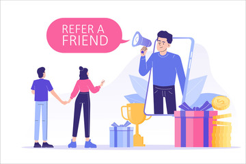 Referral marketing concept. Happy man with a megaphone invites his friends to referral program, attracts them for money and gifts. Refer A Friend loyalty program. Modern isolated vector illustration