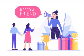 Referral marketing concept. Happy woman with a megaphone invites his friends to referral program, attracts them for money and gifts. Refer A Friend loyalty program. Modern isolated vector illustration
