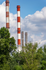 Fototapeta na wymiar Image of the chimneys of the city heating plant with trees and with clouds