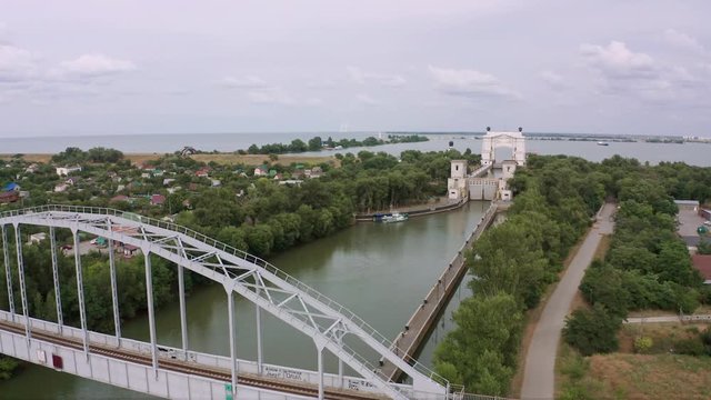 Gateway 14 of the Volgodonsk navigable channel. panoramic views of the shipping channel gateway from a height.