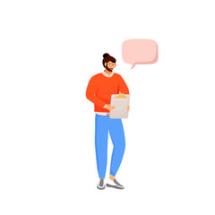 Hipster flat color vector faceless character. Male consultant with clipboard. Salesman and assistant. Person with speech bubble isolated cartoon illustration for web graphic design and animation