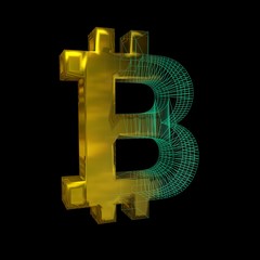 Bitcoin sign, the green grid turns into gold on a black background. 3D illustration