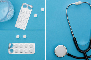 collage of pills in blister packs, glass of water and stethoscope on blue background
