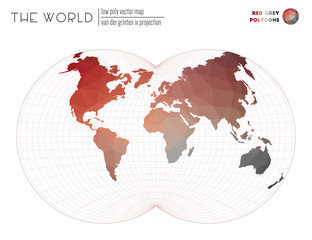 Polygonal world map. Van der Grinten IV projection of the world. Red Grey colored polygons. Awesome vector illustration.