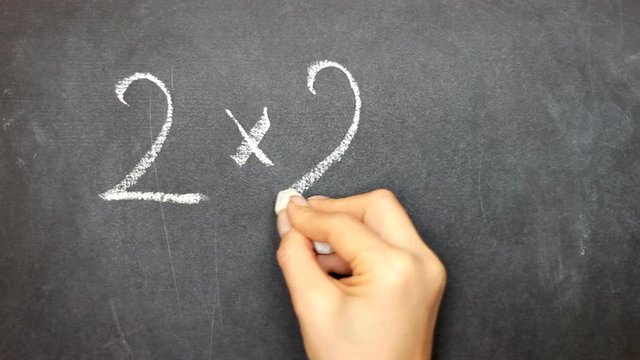 Hand writing with chalk on chalkboard mathematical example - two multiply two exactly four