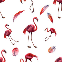 Watercolor seamless pattern with flamingo. Hand drawing decorative background. Hand drawn watercolor illustration. Print for textile, cloth, wallpaper, scrapbooking