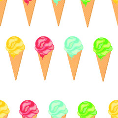 Ice cream in a waffle cup. Ice-cream cone of different taste with  toppings. Summer dessert. Vector illustration