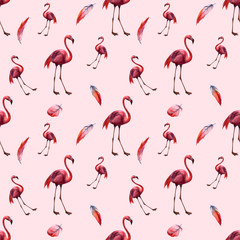 Watercolor seamless pattern with flamingo. Hand drawing decorative background. Hand drawn watercolor illustration. Print for textile, cloth, wallpaper, scrapbooking