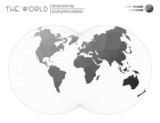 World map with vibrant triangles. Van der Grinten IV projection of the world. Grey Shades colored polygons. Modern vector illustration.