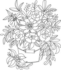 Forest flowers, leaves and berries. Beautiful bouquet. Vector coloring book for adults and children. Hand drawn illustration. Floral ornament is good for web, print and stencil