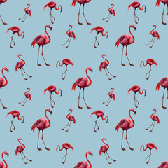 Obraz premium Watercolor seamless pattern with flamingo. Hand drawing decorative background. Hand drawn watercolor illustration. Print for textile, cloth, wallpaper, scrapbooking