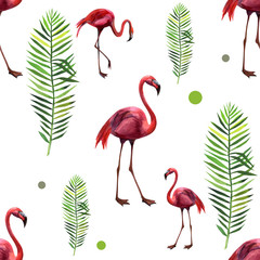 Watercolor seamless pattern with flamingo. Hand drawing decorative background. Hand drawn watercolor illustration. Print for textile, cloth, wallpaper, scrapbooking