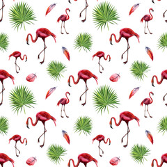 Watercolor seamless pattern with flamingo. Hand drawing decorative background. Hand drawn watercolor illustration. Print for textile, cloth, wallpaper, scrapbooking