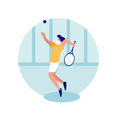 Man with mask playing tennis at home vector design