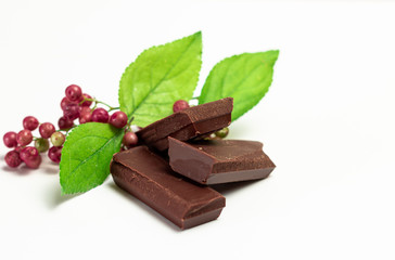 Pieces of chocolate on white background
