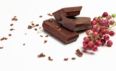 Pieces of chocolate on white background