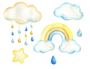 Children's watercolor illustrations with a rainbow cloud rain star