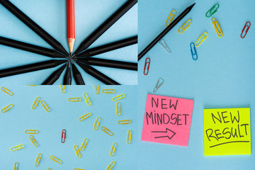 Collage of sticky notes with new mindset and new result lettering with paper clips and pencils on blue
