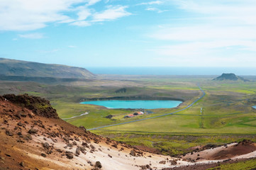 Fototapeta na wymiar South Iceland Krysuik, Gigvatnsvatn crater lake. Volcanic area near Reykjavik.