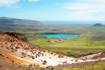 South Iceland Krysuik, Gigvatnsvatn crater lake. Volcanic area near Reykjavik.