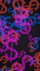 Multicolored translucent dollar signs on dark background. Red tones. 3D illustration