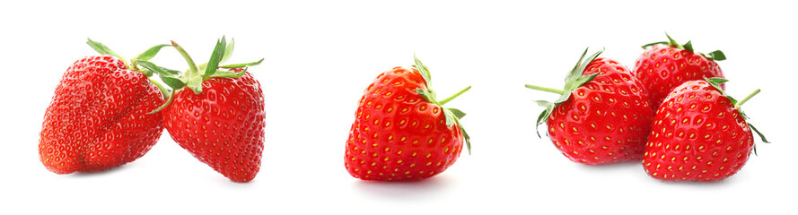 Set with delicious sweet strawberries on white background. Banner design