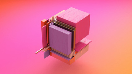 Broken cube. Glass, metallic, plastic rectangles. Abstract illustration, 3d render.