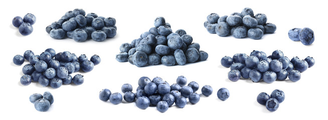 Set of tasty ripe blueberries on white background. Banner design