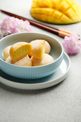 mochi ice cream with mango, traditional japonese rise sweets