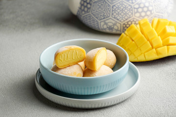 mochi ice cream with mango, traditional japonese rise sweets