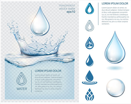 Blue transparent water splashes and drops and collection of icons for your logo. Realistic isolated vector illustration 