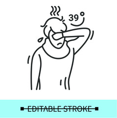 Character has a high temperature line icon.Person goes hot.High body temperature.39 °C.Symptom virus, cold, flu.Isolated linear vector character illustration.Editable stroke
