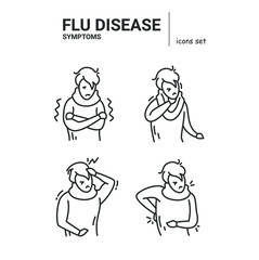   Set with the symptoms of the common cold, virus,flu line icons.Fever.Headache.Muscle or back aches.Sore throat. Coronavirus symptoms.Health problem.Isolated linear vector character illustration.