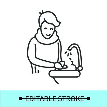 Hand washing character line icon.Virus prevention concept.Person washing hands with soap and water.Isolated linear vector character illustration.Editable stroke
