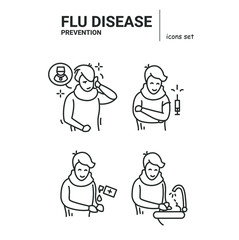 Set with the prevention of the common cold, virus,flu line icons.Hand washing .Vaccination. Hands disinfection.Call the doctor.Health care.Isolated linear vector character illustration.