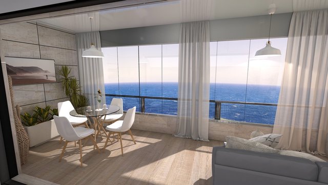 TERRAZA CON VISTAS AL MAR CON CERRAMIENTO INVISIBLE . RENDER 3D 